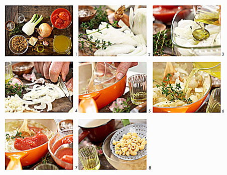 准备,烤,洋葱汤,茴香,西红柿
