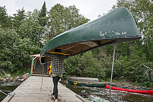 少女,独木舟,头部,露营,湖,木头,安大略省,加拿大