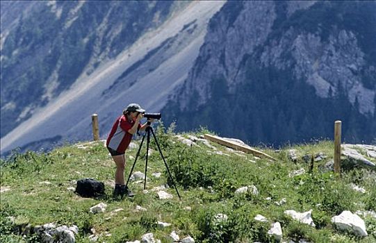 女性,摄影师,阿尔卑斯山,提洛尔,奥地利,欧洲