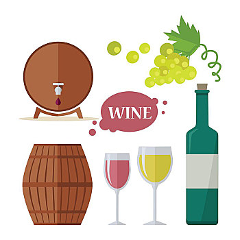 葡萄酒,象征,葡萄种植,制作,收集,玻璃杯,葡萄,瓶子,桶,检查,旧式,红色,白色,藤,局部,序列,准备,物品,矢量