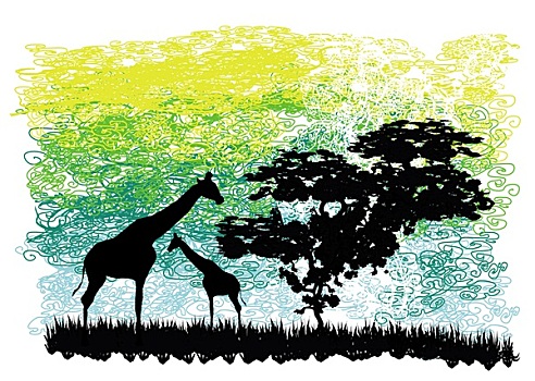 抽象,插画,长颈鹿,树