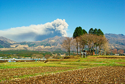火山,烟,熊本,日本