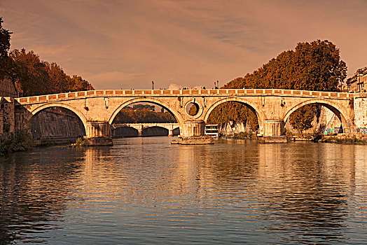 桥,上方,台伯河,日落,罗马,拉齐奥,意大利