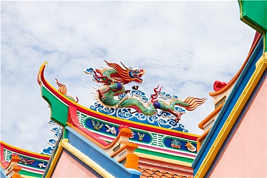彩色,中国龙,雕塑,庙宇,屋顶