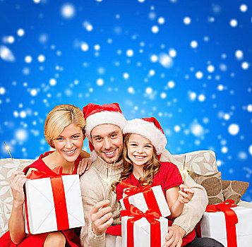 家庭,圣诞节,圣诞,冬天,高兴,人,概念,微笑,圣诞老人,帽子,许多,礼盒,孟加拉