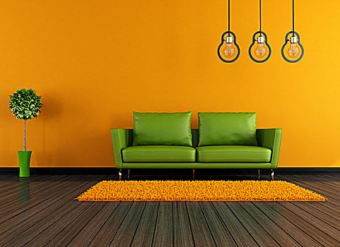 现代,绿色,橙色,客厅