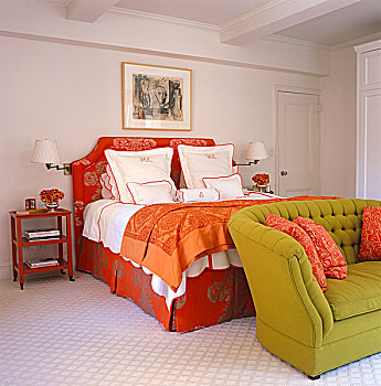 木炭画,素描,对比,鲜明,橙色,床头板,床,柠檬,绿色,沙发,主卧室