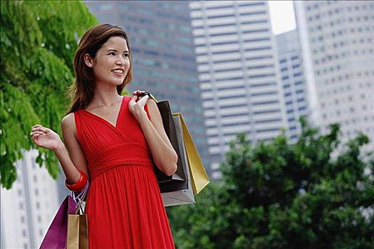女人,红裙,购物袋,城市