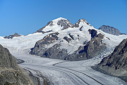 冰河,后面,山,艾格尔峰,少女峰,世界遗产,阿尔卑斯山,瓦莱,瑞士,欧洲