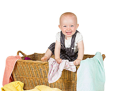 笑,婴儿,玩,洗衣篮