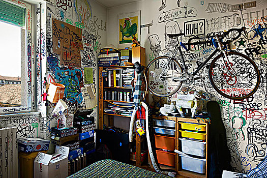自行车,墙壁,高处,架子,青少年,卧室
