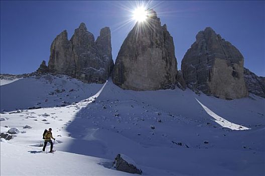 雪鞋,远足者,山,高,山谷,多罗迈特,阿尔卑斯山,意大利,欧洲