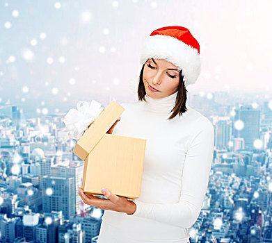 圣诞节,冬天,高兴,休假,人,概念,女人,圣诞老人,帽子,礼盒,上方,雪,城市,背景