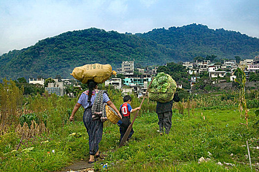 本地居民,走,山,阿蒂特兰湖,区域,危地马拉