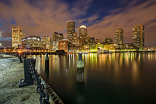 波士顿,天际线,夜晚