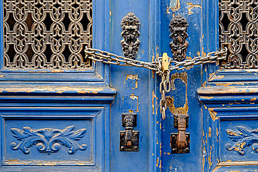 葡萄牙,里斯本,历史,阿尔法马区,地区,蓝色,门,链子,锁,象征,门环
