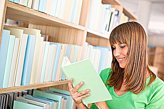 学生,图书馆,高兴,女人,读,书本,书架