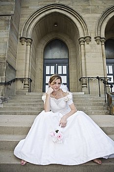 新娘,等待,教堂,台阶
