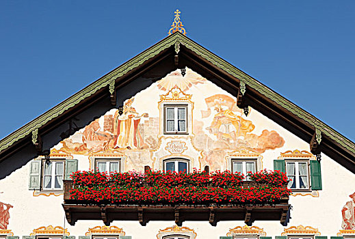 建筑,壁画,柱子,旅店,看,上巴伐利亚,巴伐利亚,德国,欧洲