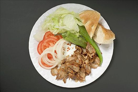 肉,蔬菜,扁平面包,纸餐盘