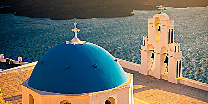 希腊,基克拉迪群岛,圣托里尼岛,教堂,圆顶,钟楼,日落