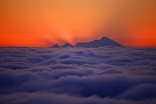 山,日落,雾,遮盖,库克海峡,阿拉斯加