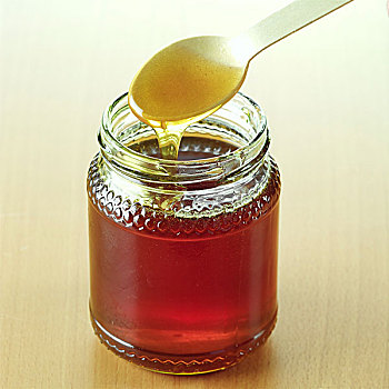 匙,滴水,蜂蜜,成,一个罐子