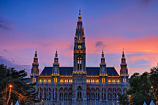 市政厅,哥特式,建筑,日落,黃昏,维也纳,奥地利
