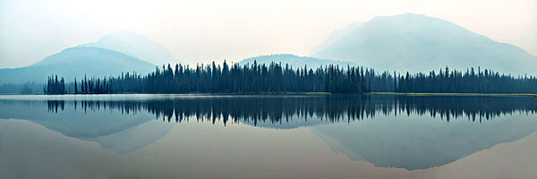 山,树林,上方,湖,反射,雾状,白天