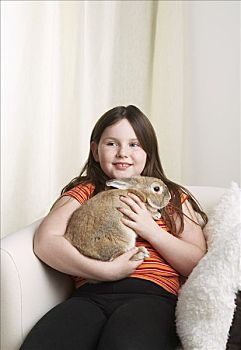 女孩,肖像,拿着,兔子