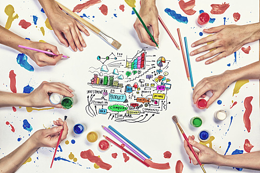 团队,创意,工作,俯视,人,手,绘画,商务,概念,颜料