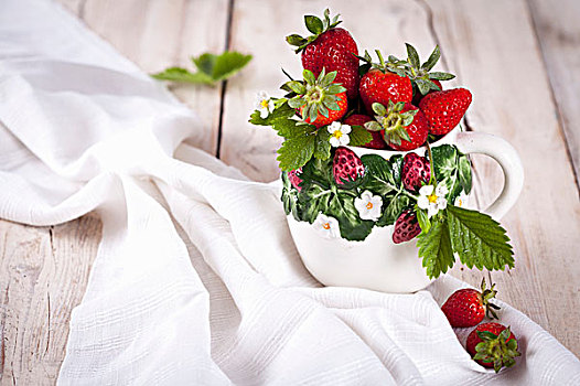 草莓,叶子,花,陶瓷,杯子