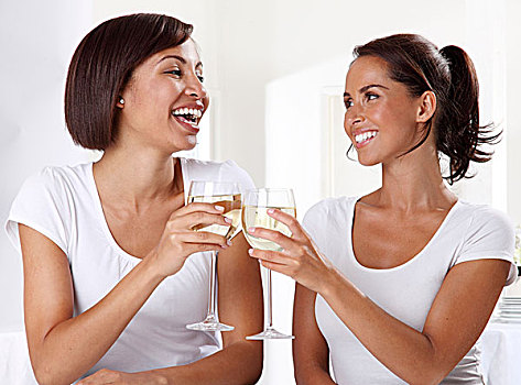 两个女人,喝,白葡萄酒
