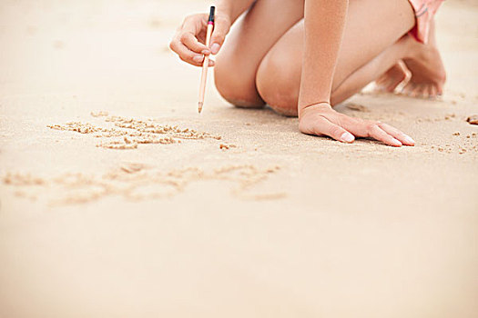 女孩,铅笔,文字,沙子,夏天,海滩