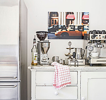 咖啡研磨机,浓缩咖啡机,上面,旧式,厨房,柜橱,大理石