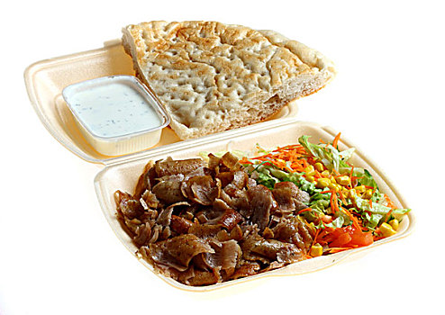 快餐,土耳其烤肉,盘子,肉,沙拉,酱,皮塔饼,塑料制品,外卖,包装