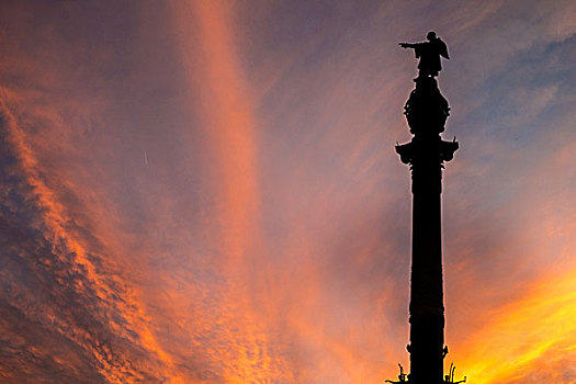 哥伦布,纪念建筑,柱子,日落,巴塞罗那,加泰罗尼亚,西班牙,欧洲