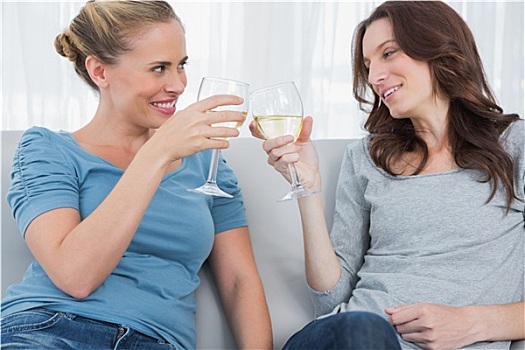 高兴,女人,葡萄酒杯,坐,沙发