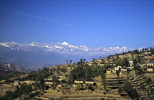 尼泊尔,乡村,靠近,纳加阔特,远景,俯视,梯田,喜玛拉雅,山峦,背景