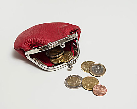 打开,红色,皮夹,欧元硬币