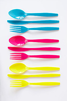 静物,三,集,彩色的,塑料餐具