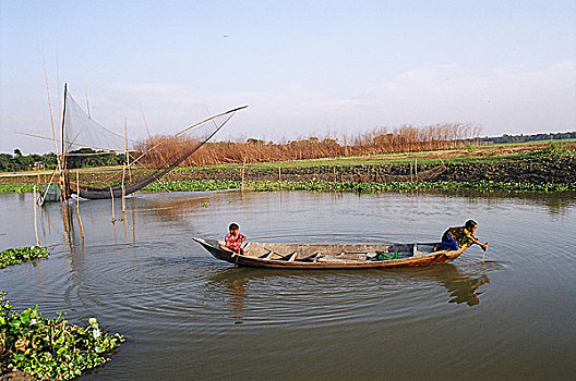 孩子,船,孟加拉,十月,2006年