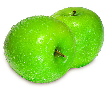 两个,翠绿,苹果,水滴,上方,白色