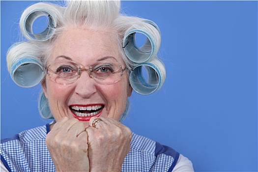 老年,女人,卷发夹,头发,笑