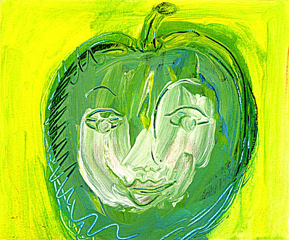 插画,象征,脸,绿色,苹果
