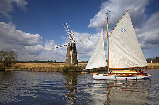 英格兰,诺福克,草皮,传统,木质,帆船,航行,正面,风车