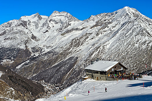 美食,餐馆,正面,雪,顶峰,山谷,瓦莱州,瑞士,欧洲