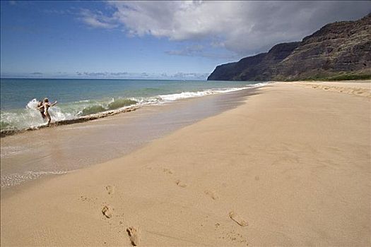 夏威夷,考艾岛,波里哈雷沙滩,海滩,伴侣,享受,海洋