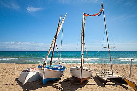 小,帆船,沙滩,城镇,海岸,地中海,加泰罗尼亚,西班牙