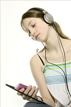 肖像,女孩,听歌,数码音乐播放器